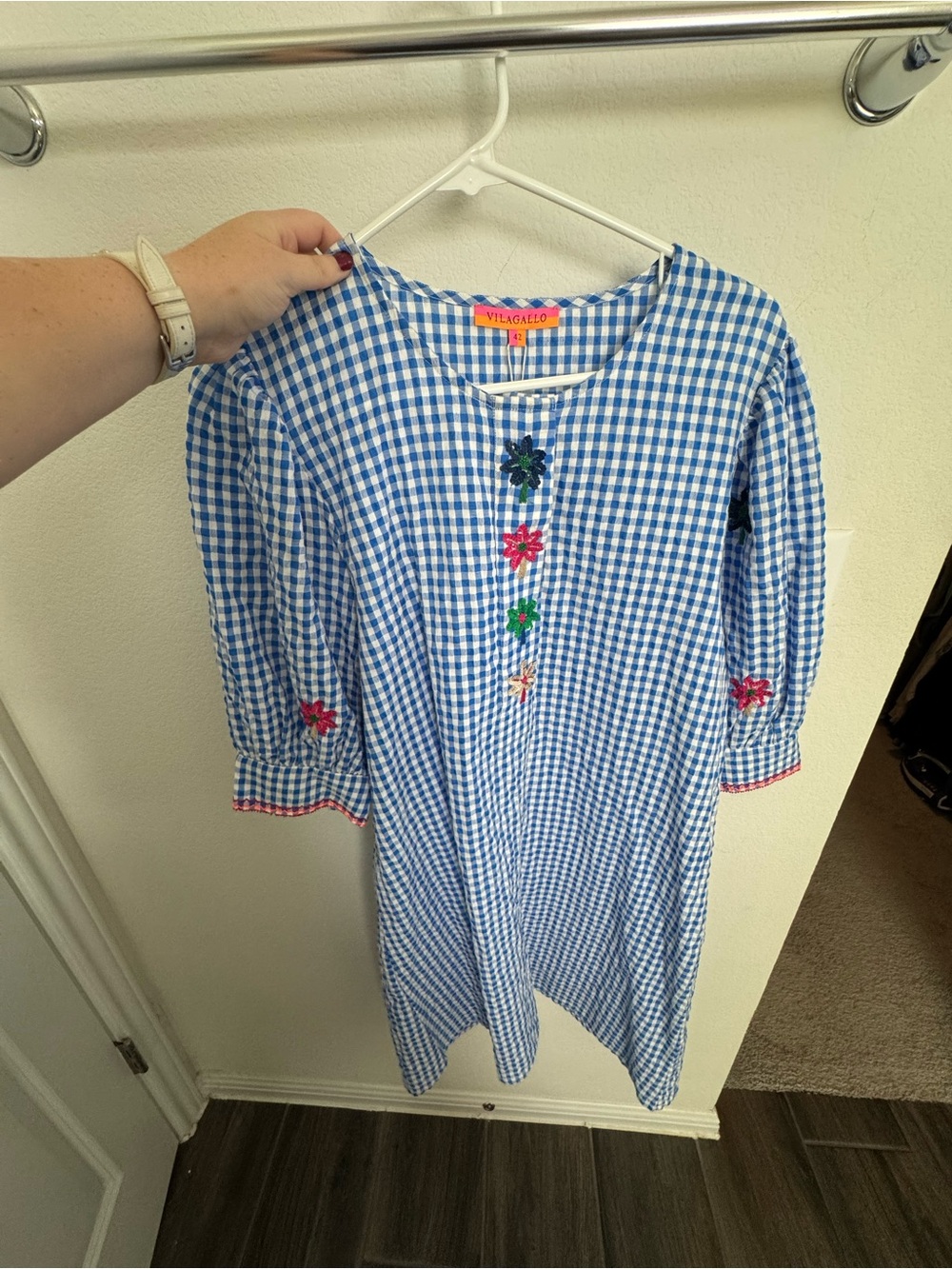 Vilagallo Blue Gingham Mini Dress with Floral Embroidery
